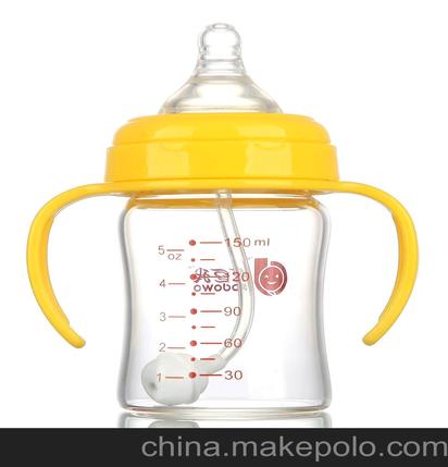 奶瓶婴幼儿用品 厂家批发低价 宽口径带手柄自动吸管晶钻玻璃奶瓶
